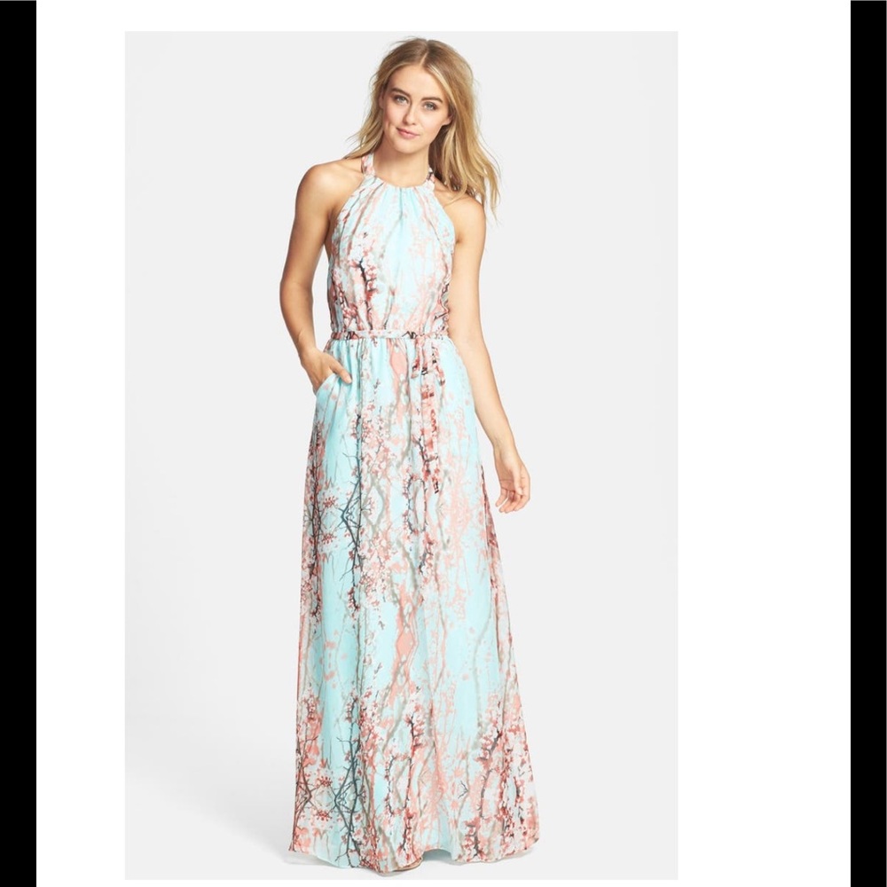 NORDSTROM JESSICA SIMPSON cherry blossom print chiffon halter maxi dress